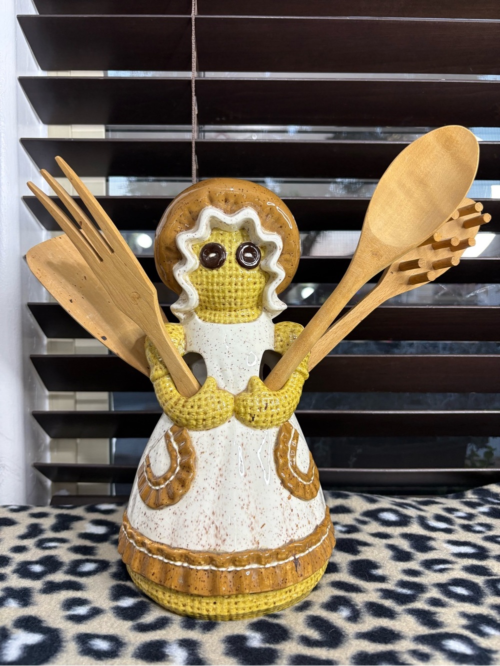vintage Sittre Ceramics burlap doll kitchen utensil holder from the 1970s
